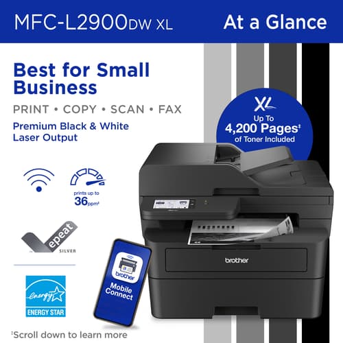 Brother Wireless MFC- L2900DW XL Compact Monochrome All-in-One Laser Printer with up to 4,200 pages(1) of toner included, Single Pass Duplex Copy and Scan, Fax, Mobile Printing