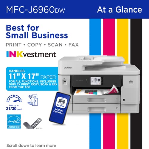 Brother INKvestment MFC-J6960DW Wireless Colour Inkjet All-in-One Printer with 11”x17” capabilities and 3.5” Colour Touchscreen