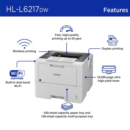 Brother HL-L6217DW Business Monochrome Laser Printer with Large Paper Capacity, Low-Cost Printing, Wireless Networking, and Duplex Printing
