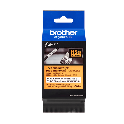 Brother Genuine HSe-211E 5.28 mm (0.2 in.) Black on White Heat Shrink Tube Tape (3:1 Shrink Ratio)