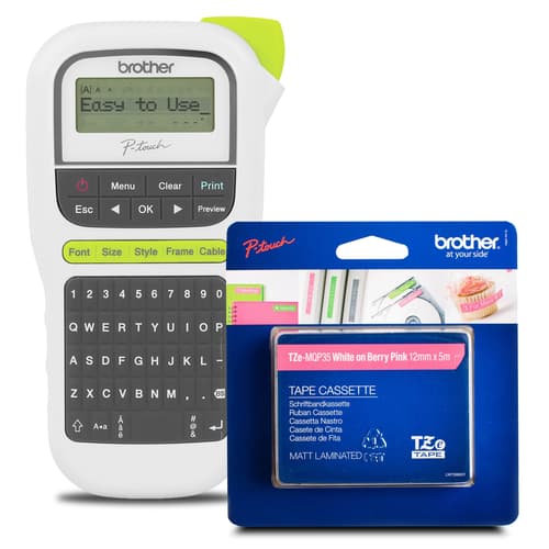 Brother PTH110 label maker with pink TZEMQP35 tape bundle