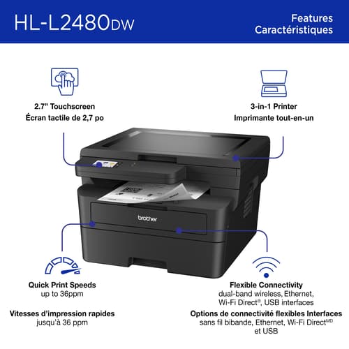 Brother HL-L2480DW Compact Monochrome Multifunction Laser Printer with Print, Copy and Scan, Mobile Printing, 700 Prints In-box with Refresh Subscription Option