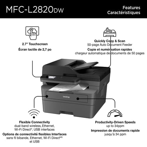 Brother MFC-L2820DW Business-Ready Monochrome Multifunction Laser Printer with Print, Copy and Scan, Mobile Printing, 700 Prints In-box and Available Toner Subscription