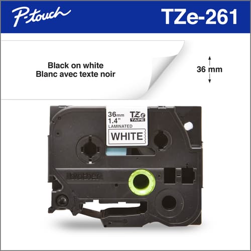 Brother Genuine TZe261 Black on White Laminated Tape for P-touch Label Makers, 36 mm wide x 8 m long