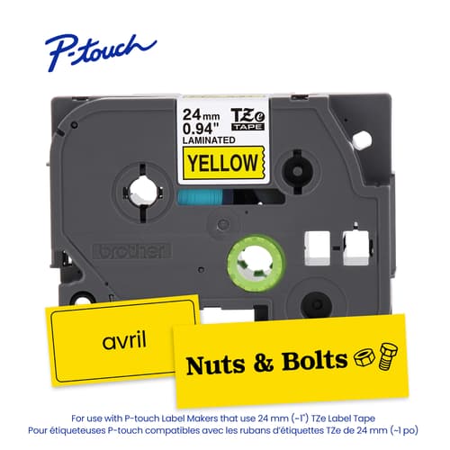 Brother Genuine TZe-651 Black on Yellow Laminated Tape for TZe-compatible P-touch Label Makers, 24 mm wide x 8 m long
