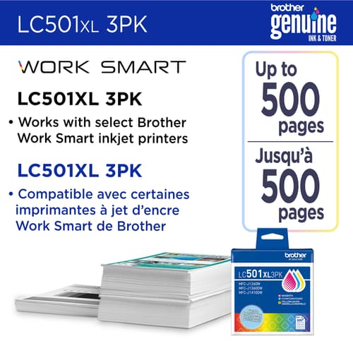 Brother Genuine LC501XL3PKS High Yield Cyan, Magenta, Yellow Ink Cartridges