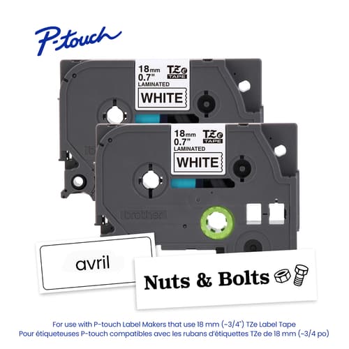 Brother Genuine TZe-2412PK Black on White Laminated Tape 2-Pack for Select P-touch Label Makers, 18 mm wide x 8 m long