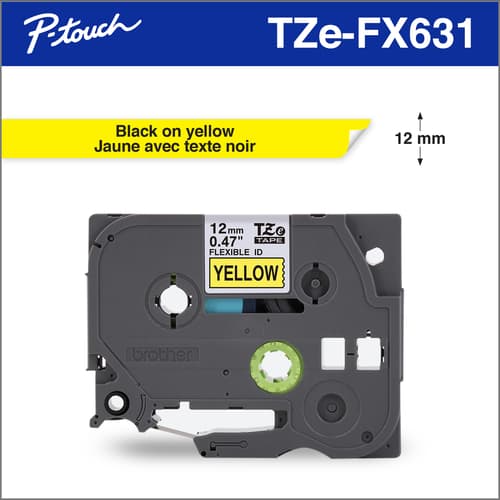 Brother Genuine Tze-FX631 Black on Yellow Flexible ID Laminated Tape for P-touch Label Makers, 12 mm wide x 8 m long