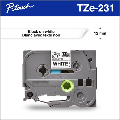 Brother Genuine TZe231 Black on White Laminated Tape for P-touch Label Makers, 12 mm wide x 8 m long