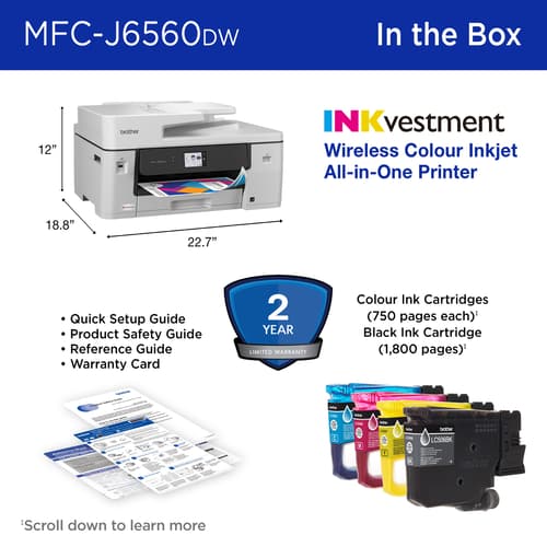 Brother INKvestment MFC-J6560DW Wireless Colour Inkjet All-in-One Printer with 11”x17” capabilities and 2.7” Colour Touchscreen