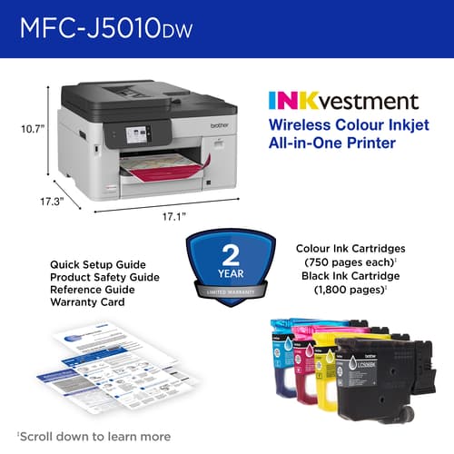 Brother INKvestment MFC-J5010DW Wireless Colour Inkjet All-in-One Printer with Automatic 2-sided Copy & Scan with 2.7” Colour Touchscreen