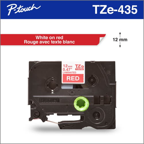 Brother Genuine TZe435 White on Red Laminated Tape for P-touch Label Makers, 12 mm wide x 8 m long