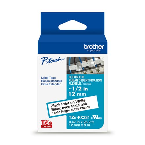 Brother Genuine TZe-FX231 Black on White Flexible ID Laminated Tape for TZe-compatible P-touch Label Makers, 12 mm w x 8 m l