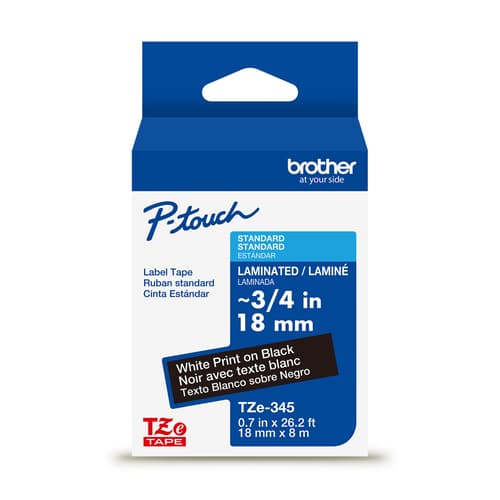 Brother Genuine TZe-345 White on Black Laminated Tape for TZe-compatible P-touch Label Makers, 18 mm wide x 8 m long