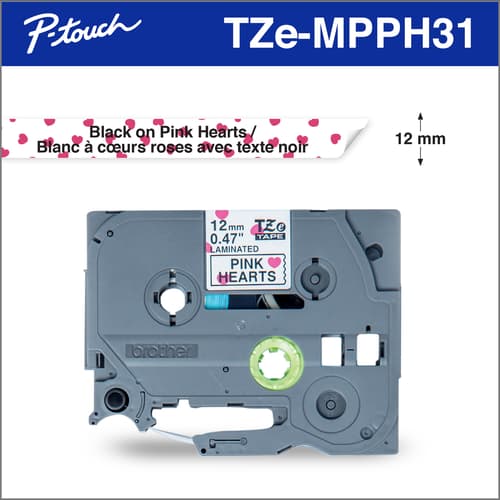 Brother Genuine TZeMPPH31 Black Print on Pink Hearts Tape for P-touch Label Makers, 12 mm wide x 4 m long