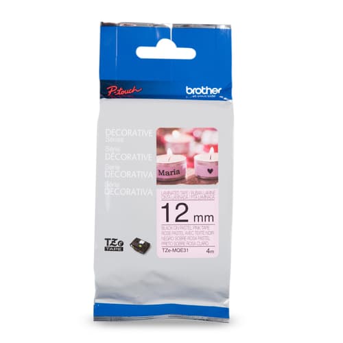 Brother Genuine TZEMQE31 Black Print on Pastel Pink Tape for P-touch Label Makers, 12 mm wide x 5 m long