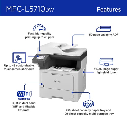 Brother MFC-L5710DW Business Monochrome Laser All-in-One Printer with Wireless Networking and Duplex Print, Scan, and Copy