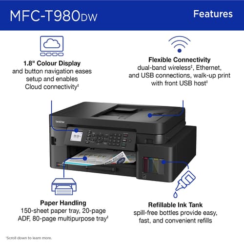 Brother INKvestment Tank MFC-T980DW Wireless and Ethernet Colour Inkjet All-in-One Printer with Multipurpose Tray