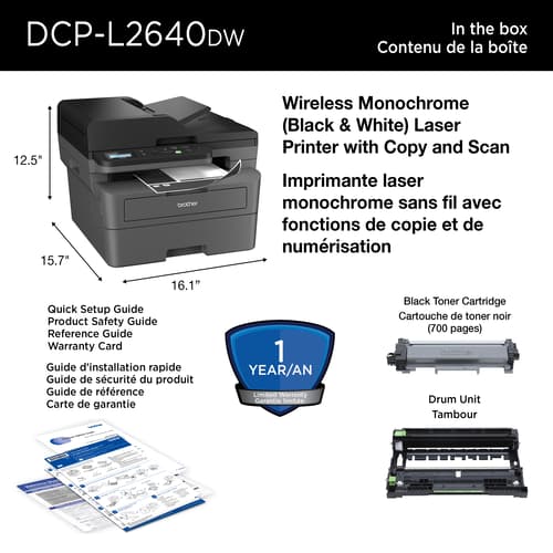 Brother DCP-L2640DW Refurbished Business-Ready Monochrome Multifunction Laser Printer with Print, Copy and Scan, Mobile Printing, 700 Prints In-box with Refresh Subscription Option