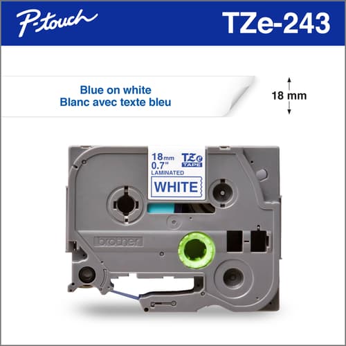 Brother Genuine TZe243 Blue on White Laminated Tape for P-touch Label Makers, 18 mm wide x 8 m long
