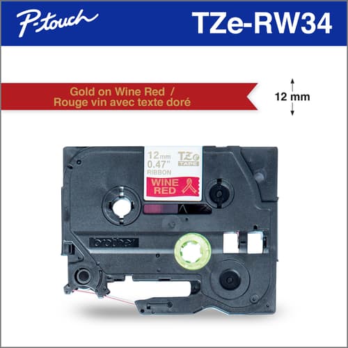 Brother Genuine TZERW34 Decorative Gold on Wine Red Satin Ribbon for P-touch Label Makers, 12 mm wide x 4 m long