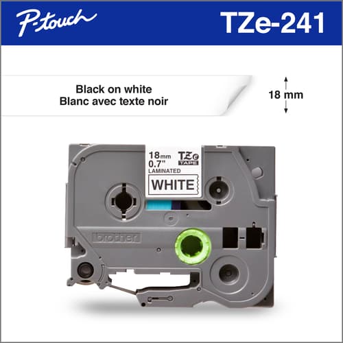 Brother Genuine TZe241 Black on White Laminated Tape for P-touch Label Makers, 18 mm wide x 8 m long