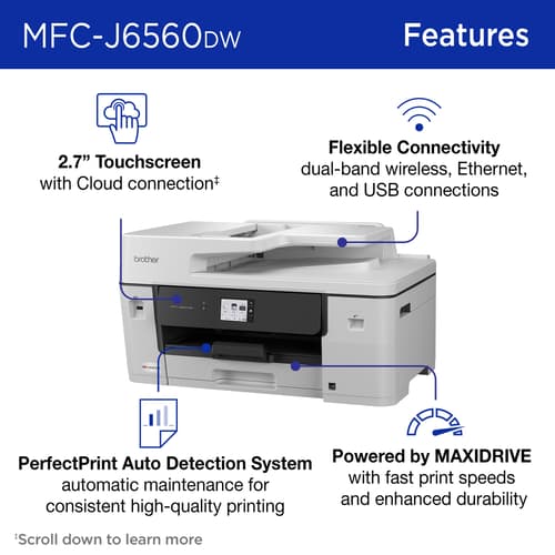 Brother INKvestment MFC-J6560DW Wireless Colour Inkjet All-in-One Printer with 11”x17” capabilities and 2.7” Colour Touchscreen