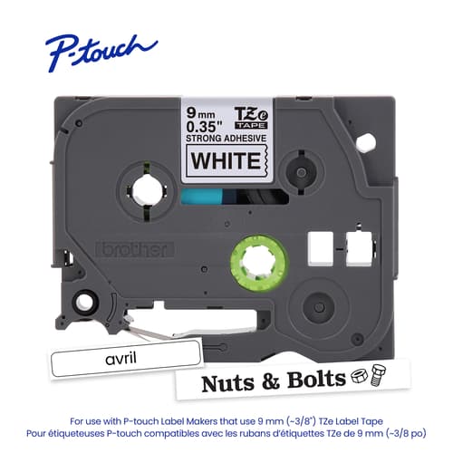 Brother Genuine TZe-S221 Black on White Extra-Strength Laminated Tape for P-touch Label Makers, 9 mm wide x 8 m long