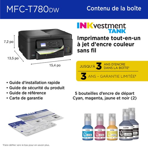 Brother MFC-T780DW Imprimante tout-en-un à jet d’encre couleur sans fil INKvestment Tank avec impression recto vers et 3 ans d’encre
