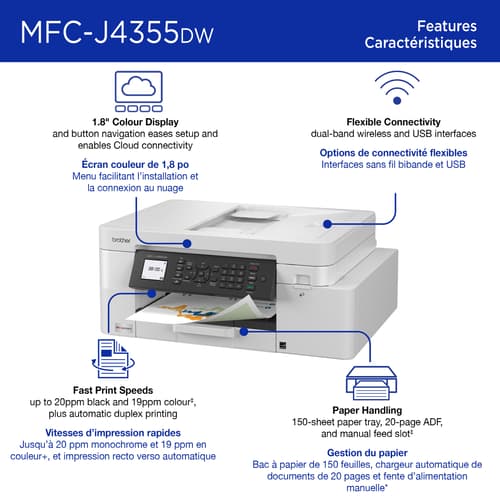 Brother MFC-J4355DW Imprimante tout-en-un à jet d’encre couleur sans fil INKvestment avec écran couleur de 1,8 po et fente d’alimentation manuelle