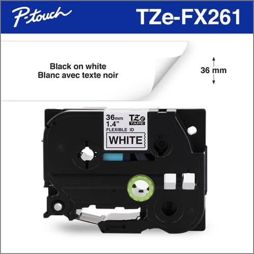 Brother Tze-FX261 Ruban d identification flexible et laminé blanc avec texte noir pour étiqueteuses P-touch, 36 mm x 8 m