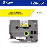 Brother TZe651 Ruban laminé jaune avec texte noir authentique pour étiqueteuses P-touch, 24 mm de largeur x 8 m de longueur