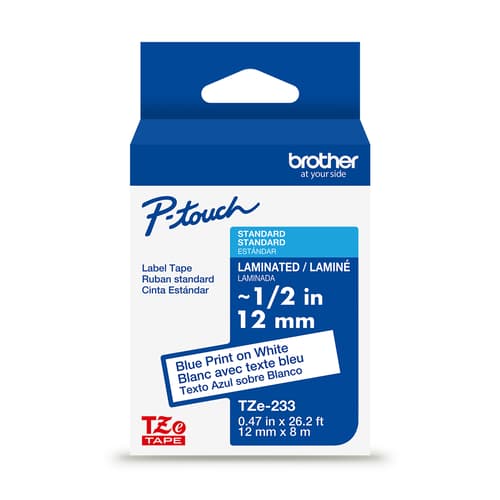 Brother TZe-233 Ruban laminé blanc avec texte bleu authentique pour étiqueteuse P-touch, 12 mm (L) x 8 m (l)