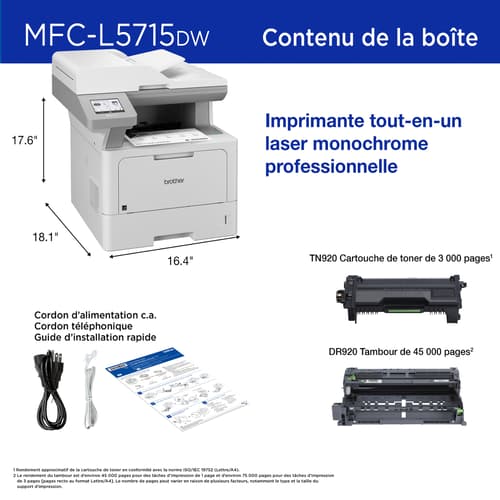 Brother MFC-L5715DW Imprimante tout-en-un laser monochrome professionnelle et performante avec réseautage sans fil et impression, numérisation et copie recto verso