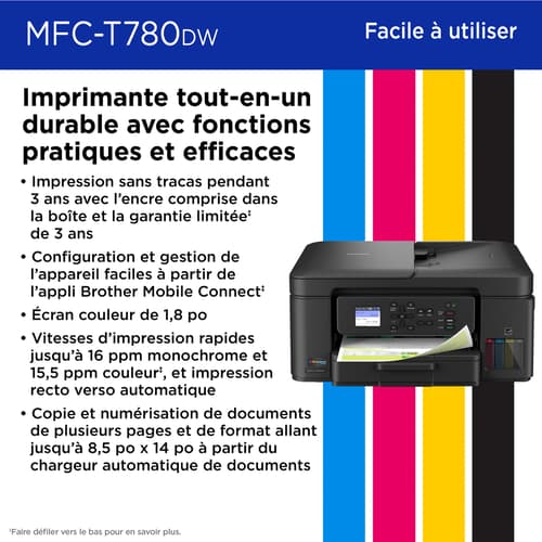 Brother MFC-T780DW Imprimante tout-en-un à jet d’encre couleur sans fil INKvestment Tank avec impression recto vers et 3 ans d’encre
