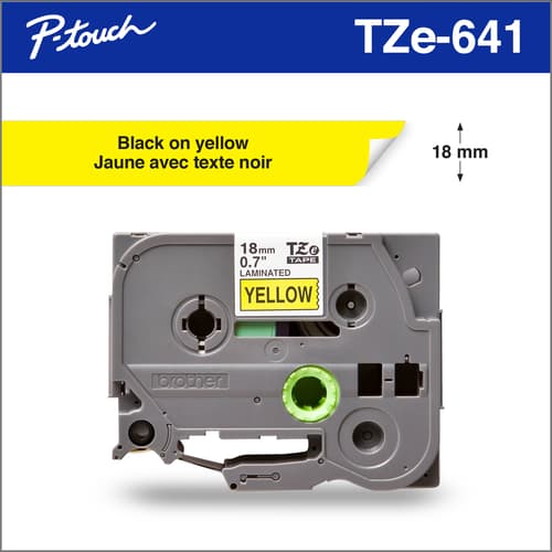 Brother TZe641 Ruban laminé jaune avec texte noir authentique pour étiqueteuses P-touch, 18 mm de largeur x 8 m de longueur