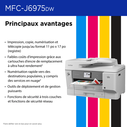 Brother MFC-J6975DW Imprimante tout-en-un à jet d’encre couleur professionnelle économique avec fonctions d’impression, de numérisation, de copie et de télécopie au format 11 po x 17 po et fonctions de sécurité avancées