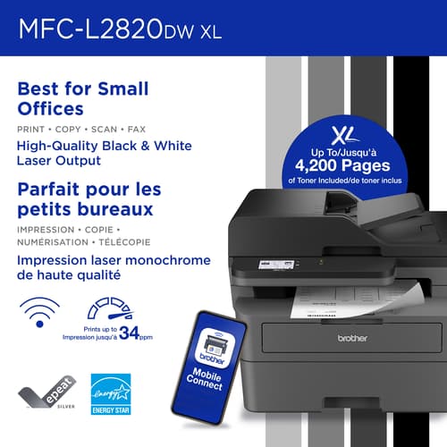 Brother MFC-L2820DWXL Imprimante multifonction laser monochrome professionnelle compatible avec Refresh, avec impression, copie et numérisation mobiles et cartouche de 4 200 pages
