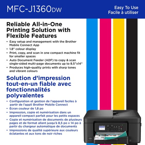 Brother MFC-J1360DW Imprimante tout-en-un à jet d’encre couleur sans fil Work Smart avec impression recto verso automatique et écran couleur de 1,8 po