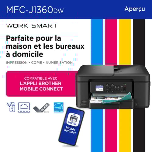 Brother MFC-J1360DW Imprimante tout-en-un à jet d’encre couleur sans fil Work Smart avec impression recto verso automatique et écran couleur de 1,8 po