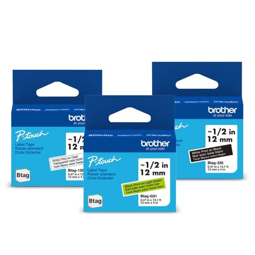 Ensemble de 3 rubans non laminés de la série BTAG pour étiqueteuses P-Touch authentique de Brother de la collection Vent de nature (vert clair avec texte noir, transparent avec texte blanc, noir avec texte blanc), 12 mm (L) x 4 m de (l)
