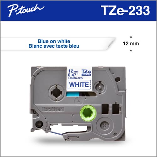Brother TZe233 Ruban laminé blanc avec texte bleu authentique pour étiqueteuses P-touch, 12 mm de largeur x 8 m de longueur