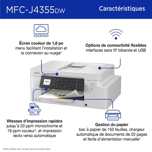 Brother MFC-J4355DW Imprimante tout-en-un à jet d’encre couleur sans fil INKvestment avec écran couleur de 1,8 po et fente d’alimentation manuelle