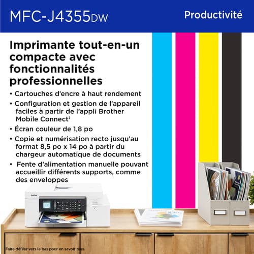 Brother MFC-J4355DW Imprimante tout-en-un à jet d’encre couleur sans fil INKvestment avec écran couleur de 1,8 po et fente d’alimentation manuelle