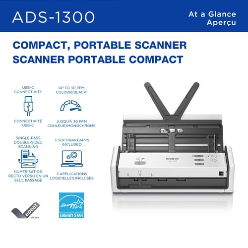 Brother ADS-1300 Scanner de bureau compact doté de fonctions de numérisation faciles pour petites entreprises et particuliers