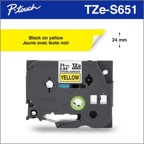 Brother TZe-S651 Ruban adhésif très résistant jaune avec texte noir authentique pour étiqueteuses P-touch, 24 mm de largeur x 8 m de longueur