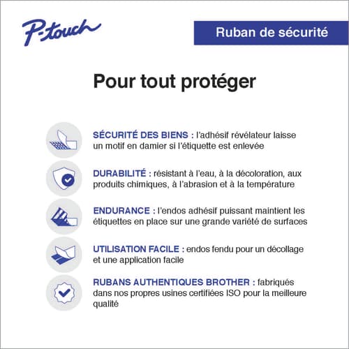 Brother TZe-SE4 Ruban de sécurité blanc avec texte noir pour étiqueteuses P-touch, 18 mm