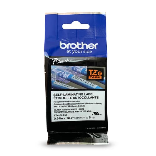 Brother TZeSL251 Ruban autocollant blanc avec texte noir authentique pour étiqueteuses P-touch, 24 mm de largeur x 8 m de longueur