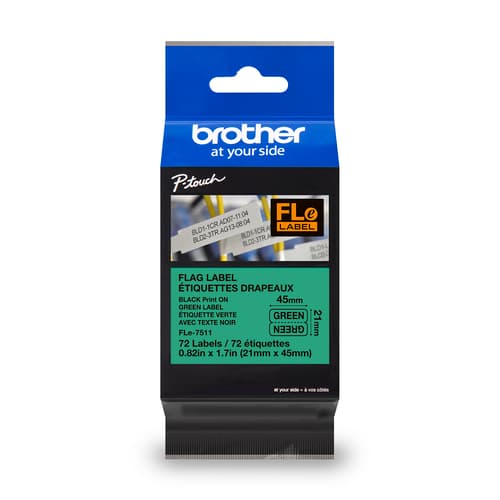 Brother FLe7511 Étiquettes en polyester prédécoupées authentiques vertes avec texte noir pour étiqueteuses P-touch, 21 mm x 45 mm