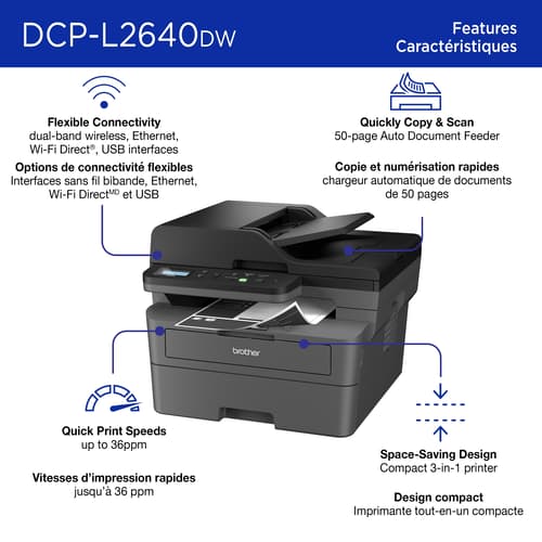 Brother DCP-L2640DW Imprimante multifonction laser monochrome professionnelle compatible avec Refresh, avec impression, copie et numérisation mobiles et cartouche de 700 pages